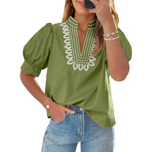 imageCicy Bell Womens Puff Short Sleeve Blouses Summer Casual Dressy Embroidered V Neck Tops Loose Fit Tee ShirtsArmy Green