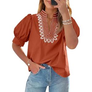 imageCicy Bell Womens Puff Short Sleeve Blouses Summer Casual Dressy Embroidered V Neck Tops Loose Fit Tee ShirtsBrick Red
