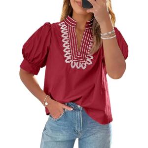imageCicy Bell Womens Puff Short Sleeve Blouses Summer Casual Dressy Embroidered V Neck Tops Loose Fit Tee ShirtsBurgundy