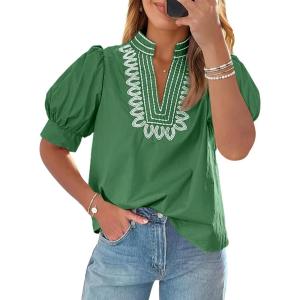 imageCicy Bell Womens Puff Short Sleeve Blouses Summer Casual Dressy Embroidered V Neck Tops Loose Fit Tee ShirtsDark Green
