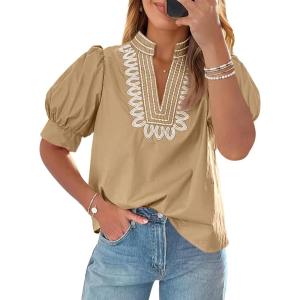 imageCicy Bell Womens Puff Short Sleeve Blouses Summer Casual Dressy Embroidered V Neck Tops Loose Fit Tee ShirtsKhaki