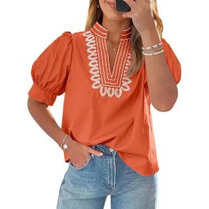 imageCicy Bell Womens Puff Short Sleeve Blouses Summer Casual Dressy Embroidered V Neck Tops Loose Fit Tee ShirtsOrange