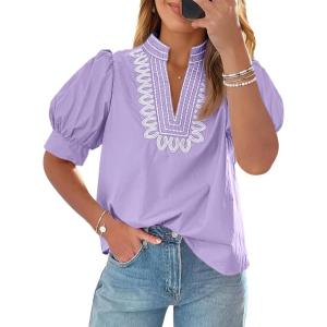 imageCicy Bell Womens Puff Short Sleeve Blouses Summer Casual Dressy Embroidered V Neck Tops Loose Fit Tee ShirtsPale Purple