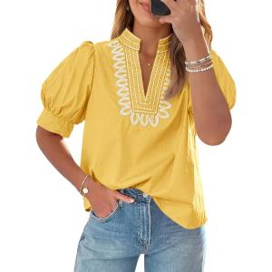imageCicy Bell Womens Puff Short Sleeve Blouses Summer Casual Dressy Embroidered V Neck Tops Loose Fit Tee ShirtsYellow