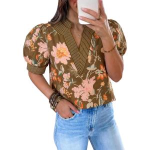 imageCicy Bell Womens Puff Short Sleeve Blouses Summer Casual Dressy V Neck Contrast Stitch Tops Loose Fit ShirtsBrown Print