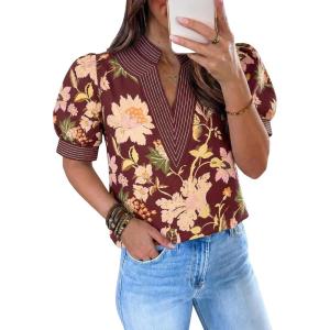 imageCicy Bell Womens Puff Short Sleeve Blouses Summer Casual Dressy V Neck Contrast Stitch Tops Loose Fit ShirtsBurgundy Print