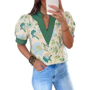 imageCicy Bell Womens Puff Short Sleeve Blouses Summer Casual Dressy V Neck Contrast Stitch Tops Loose Fit ShirtsGreen Print