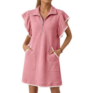 imageCicy Bell Womens Ruffle Cap Sleeve Sweatshirt Dress Summer Oversized V Neck Quarter Zip Mini Dresses Casual Vacation OutfitsDusty Pink