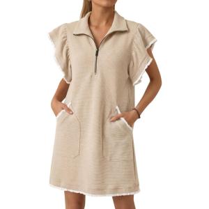 imageCicy Bell Womens Ruffle Cap Sleeve Sweatshirt Dress Summer Oversized V Neck Quarter Zip Mini Dresses Casual Vacation OutfitsLight Khaki