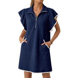 imageCicy Bell Womens Ruffle Cap Sleeve Sweatshirt Dress Summer Oversized V Neck Quarter Zip Mini Dresses Casual Vacation OutfitsNavy