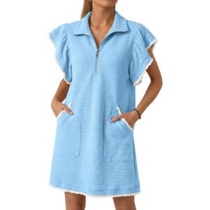 imageCicy Bell Womens Ruffle Cap Sleeve Sweatshirt Dress Summer Oversized V Neck Quarter Zip Mini Dresses Casual Vacation OutfitsSky Blue