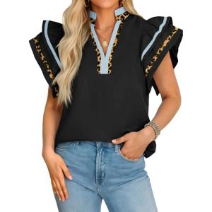 imageCicy Bell Womens Ruffle Cap Sleeve Tops Color Block V Neck Dressy Casual Blouses Summer Pleated Loose Fit ShirtsBlue Black