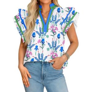 imageCicy Bell Womens Ruffle Cap Sleeve Tops Color Block V Neck Dressy Casual Blouses Summer Pleated Loose Fit ShirtsBlue Print