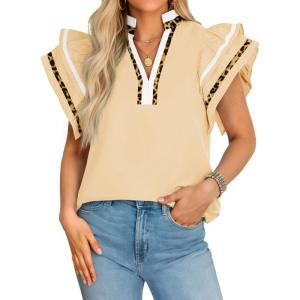 imageCicy Bell Womens Ruffle Cap Sleeve Tops Color Block V Neck Dressy Casual Blouses Summer Pleated Loose Fit ShirtsCamel Beige