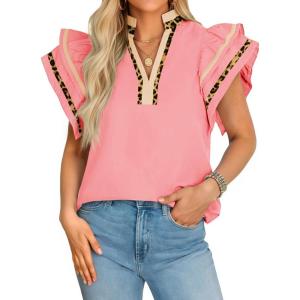 imageCicy Bell Womens Ruffle Cap Sleeve Tops Color Block V Neck Dressy Casual Blouses Summer Pleated Loose Fit ShirtsPink Leopard Print