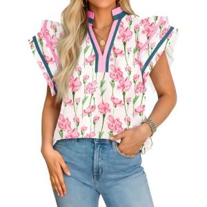 imageCicy Bell Womens Ruffle Cap Sleeve Tops Color Block V Neck Dressy Casual Blouses Summer Pleated Loose Fit ShirtsPink Print
