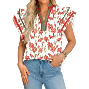 imageCicy Bell Womens Ruffle Cap Sleeve Tops Color Block V Neck Dressy Casual Blouses Summer Pleated Loose Fit ShirtsRed Print