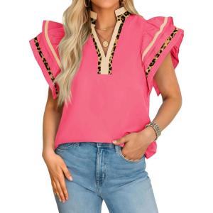 imageCicy Bell Womens Ruffle Cap Sleeve Tops Color Block V Neck Dressy Casual Blouses Summer Pleated Loose Fit ShirtsRose Red