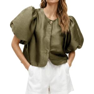 imageCicy Bell Womens Silk Satin Button Down Shirts Summer Puff Short Sleeve Crew Neck Crop Tops Loose Fit Casual Dressy BlouseArmy Green