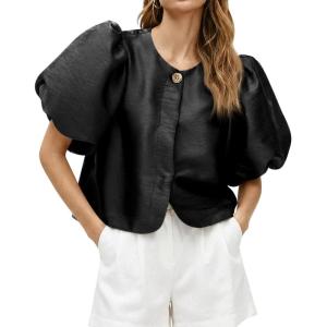 imageCicy Bell Womens Silk Satin Button Down Shirts Summer Puff Short Sleeve Crew Neck Crop Tops Loose Fit Casual Dressy BlouseBlack