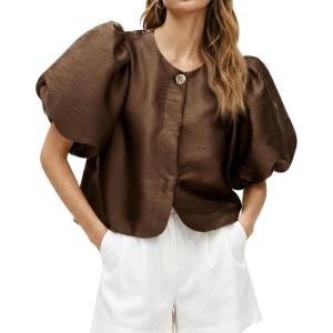 imageCicy Bell Womens Silk Satin Button Down Shirts Summer Puff Short Sleeve Crew Neck Crop Tops Loose Fit Casual Dressy BlouseBrown