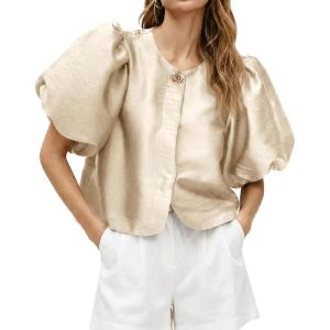 imageCicy Bell Womens Silk Satin Button Down Shirts Summer Puff Short Sleeve Crew Neck Crop Tops Loose Fit Casual Dressy BlouseChampagne