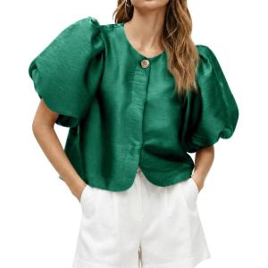 imageCicy Bell Womens Silk Satin Button Down Shirts Summer Puff Short Sleeve Crew Neck Crop Tops Loose Fit Casual Dressy BlouseDark Green