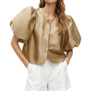 imageCicy Bell Womens Silk Satin Button Down Shirts Summer Puff Short Sleeve Crew Neck Crop Tops Loose Fit Casual Dressy BlouseKhaki