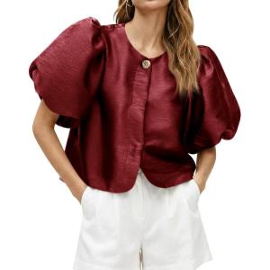 imageCicy Bell Womens Silk Satin Button Down Shirts Summer Puff Short Sleeve Crew Neck Crop Tops Loose Fit Casual Dressy BlouseRed