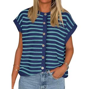 imageCicy Bell Womens Striped Cap Sleeve Sweater Vest Crew Neck Button Down Cardigan Cute Knit TopsNavy