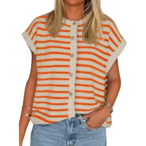 imageCicy Bell Womens Striped Cap Sleeve Sweater Vest Crew Neck Button Down Cardigan Cute Knit TopsOrange