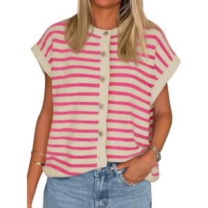 imageCicy Bell Womens Striped Cap Sleeve Sweater Vest Crew Neck Button Down Cardigan Cute Knit TopsRose Red