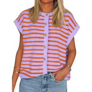 imageCicy Bell Womens Striped Cap Sleeve Sweater Vest Crew Neck Button Down Cardigan Cute Knit TopsViolet