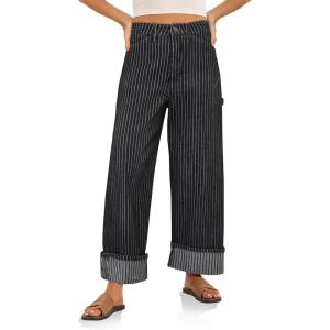 imageCicy Bell Womens Striped Wide Leg Jeans Baggy Boyfriend High Waisted Cuffed Denim Pants with PocketsBlack