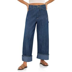 imageCicy Bell Womens Striped Wide Leg Jeans Baggy Boyfriend High Waisted Cuffed Denim Pants with PocketsDark Blue