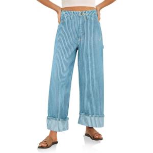 imageCicy Bell Womens Striped Wide Leg Jeans Baggy Boyfriend High Waisted Cuffed Denim Pants with PocketsLight Blue