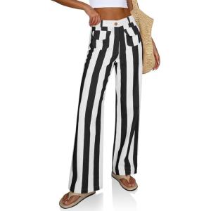 imageCicy Bell Womens Striped Wide Leg Jeans High Waisted Baggy Summer Casual Trendy Cotton Denim Pants with PocketsBlack