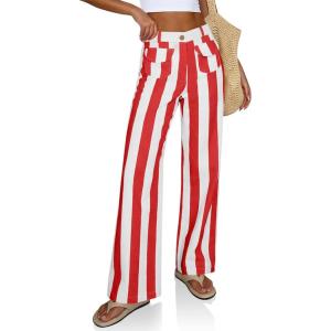 imageCicy Bell Womens Striped Wide Leg Jeans High Waisted Baggy Summer Casual Trendy Cotton Denim Pants with PocketsRed
