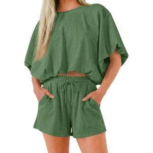 imageCicy Bell Womens Summer 2 Piece Short Sets Puff Sleeve Cropped Tops and Shorts Casual Loose Outfits Comfy Lounge SetsDeep Green