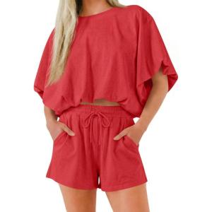 imageCicy Bell Womens Summer 2 Piece Short Sets Puff Sleeve Cropped Tops and Shorts Casual Loose Outfits Comfy Lounge SetsRed