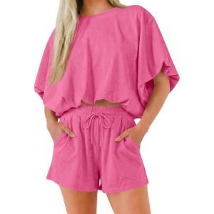 imageCicy Bell Womens Summer 2 Piece Short Sets Puff Sleeve Cropped Tops and Shorts Casual Loose Outfits Comfy Lounge SetsRose Red