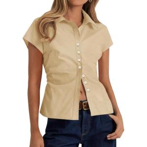 imageCicy Bell Womens Summer Button Down Shirts Short Sleeve Slim Fit Petite Ruched Cotton Blouses Cute Going Out TopsLight Khaki