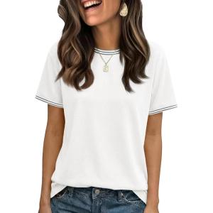 imageCicy Bell Womens Summer Crew Neck T Shirts Casual Short Sleeve Loose Fit Tunic Tops Color Block Basic Tee TopWhite