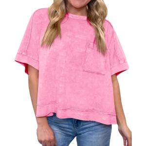imageCicy Bell Womens Summer Cropped TShirts Boxy Casual Short Sleeve Crew Neck Tops Acid Wash Cotton Loose Fit Tee ShirtsHot Pink