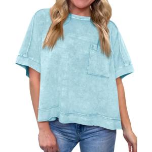 imageCicy Bell Womens Summer Cropped TShirts Boxy Casual Short Sleeve Crew Neck Tops Acid Wash Cotton Loose Fit Tee ShirtsLight Blue