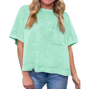 imageCicy Bell Womens Summer Cropped TShirts Boxy Casual Short Sleeve Crew Neck Tops Acid Wash Cotton Loose Fit Tee ShirtsMint Color
