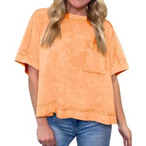 imageCicy Bell Womens Summer Cropped TShirts Boxy Casual Short Sleeve Crew Neck Tops Acid Wash Cotton Loose Fit Tee ShirtsOrange