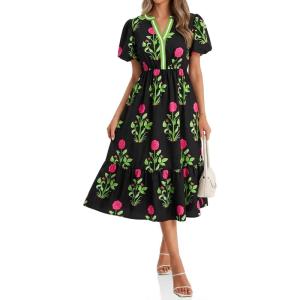 imageCicy Bell Womens Summer Floral Print Maxi Dress A Line Puff Short Sleeve V Neck Boho Dresses Flowy Beach Vacation OutfitsBlack