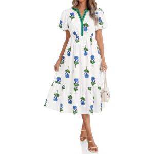 imageCicy Bell Womens Summer Floral Print Maxi Dress A Line Puff Short Sleeve V Neck Boho Dresses Flowy Beach Vacation OutfitsBlue