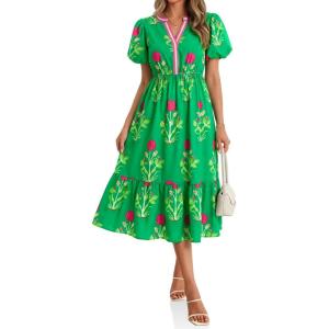 imageCicy Bell Womens Summer Floral Print Maxi Dress A Line Puff Short Sleeve V Neck Boho Dresses Flowy Beach Vacation OutfitsGreen